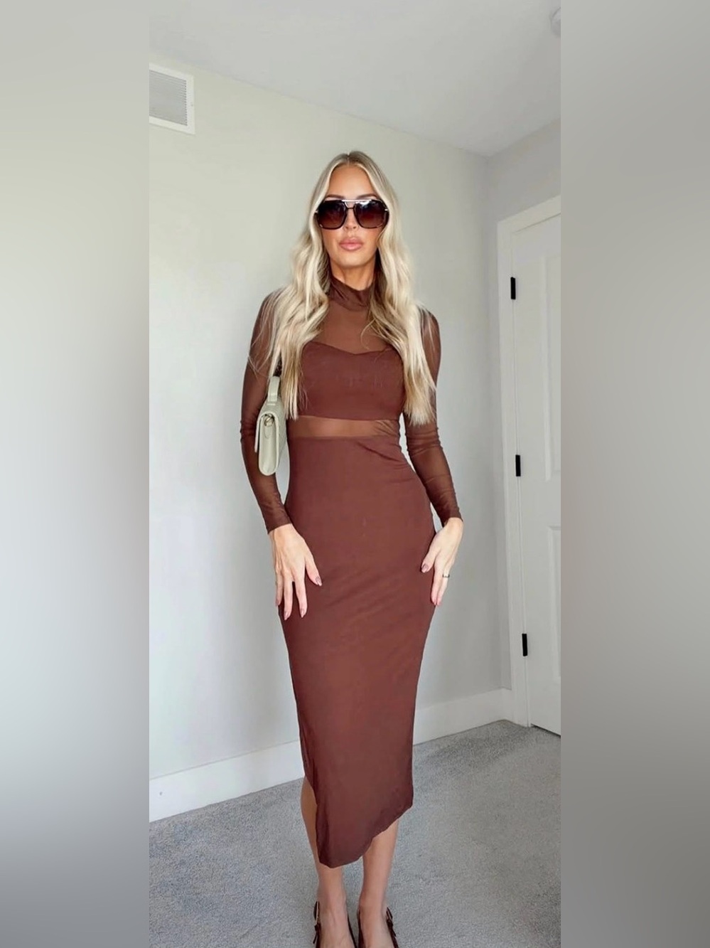 Long Sleeve Two-Tone Brown Maxi Dress